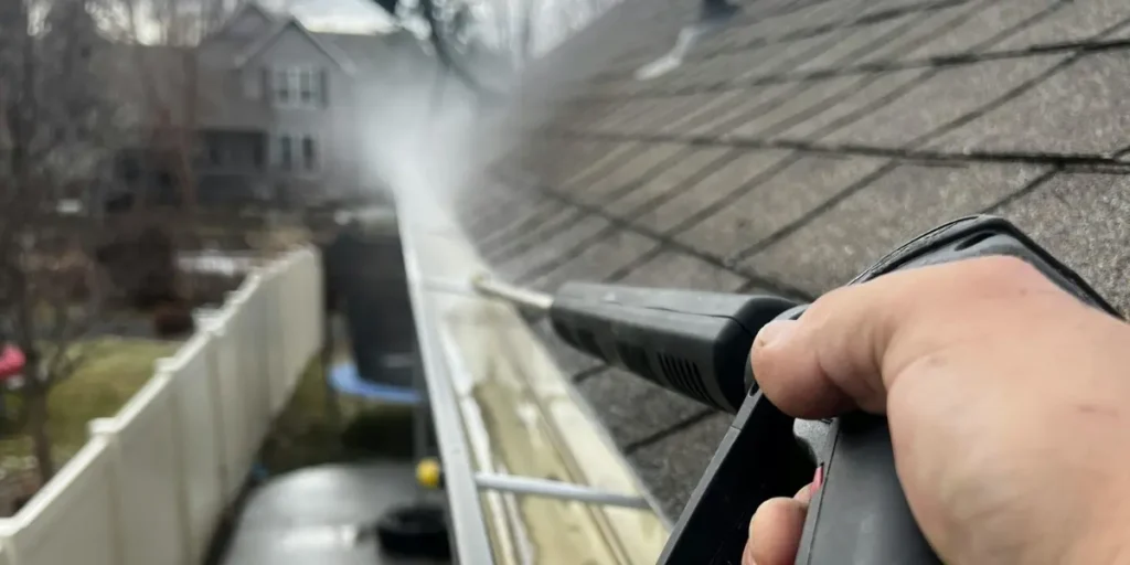 Professional roof maintenance using a pressure washer to clean gutters and prevent roof drainage problems