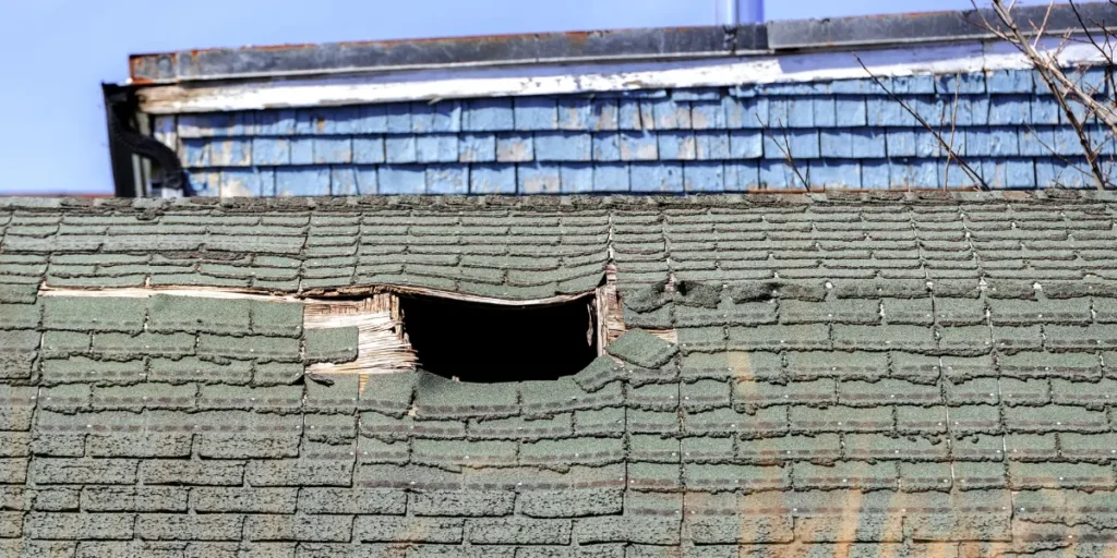 Damaged roof shingles with a large hole highlighting the importance of regular roof inspections and timely roof repairs