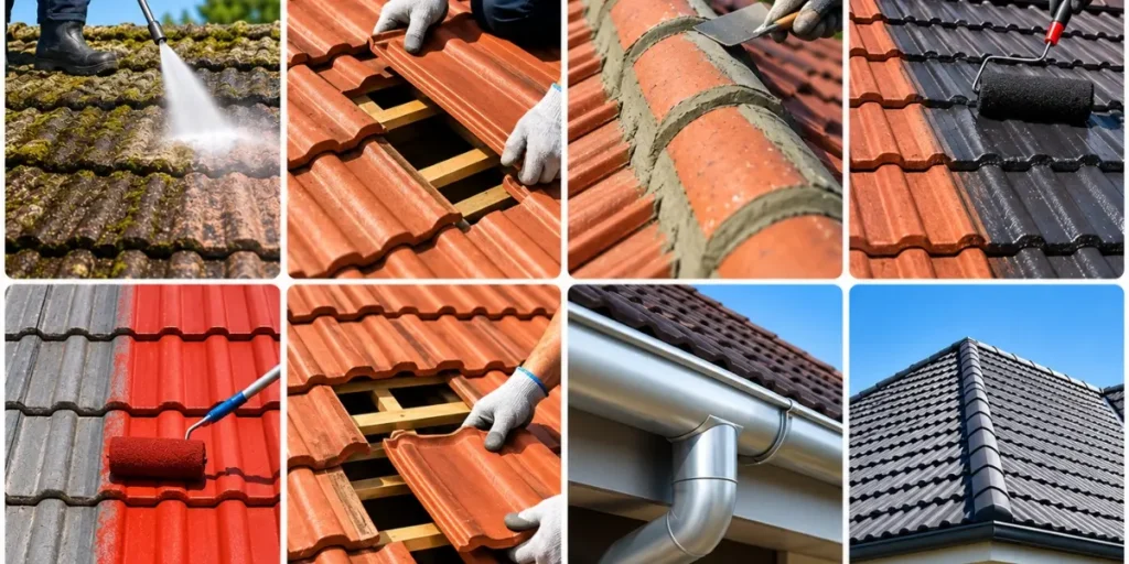 Roof maintenance services including pressure washing, roof tile replacement, ridge repointing, roof painting and gutter maintenance