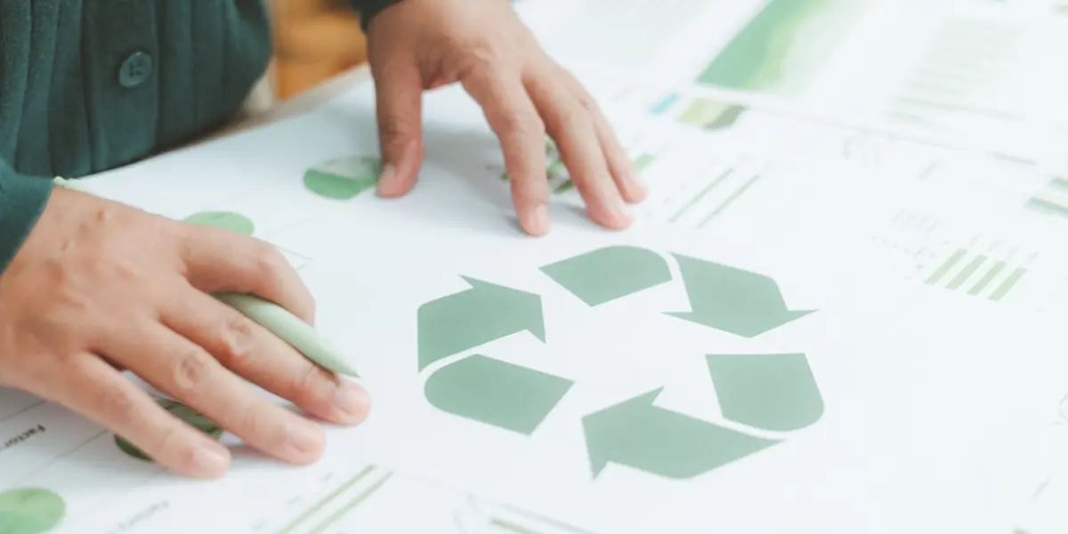 Recycling symbol on a sustainability report representing environmentally friendly practices and sustainable roof painting solutions in Sydney