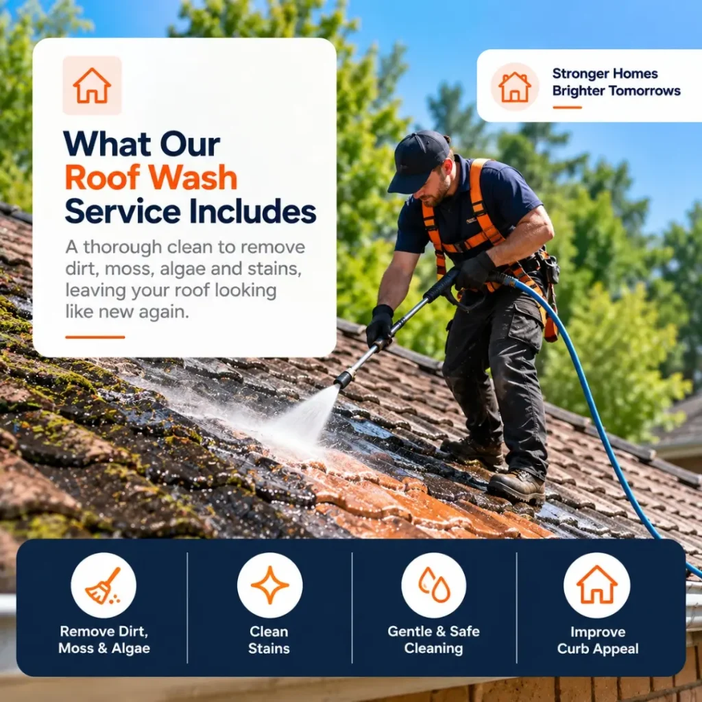 Professional roof cleaner pressure washing moss-covered terracotta roof tiles to remove algae, dark stains and accumulated dirt