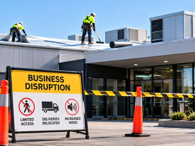 Commercial Roof 4 Commercial roofing workers installing a flat roof membrane beside a business disruption sign highlighting restricted access, relocated deliveries and increased noise during roof works