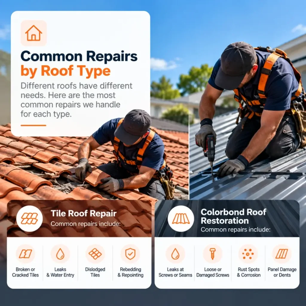 Roofing professionals repairing broken roof tiles and fixing a Colorbond metal roof, showing common residential roof repairs