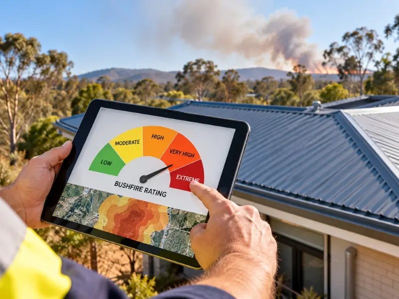 Colorbond Roofing 4 Grey metal roof on a residential home with a bushfire risk rating displayed on a tablet in front of a bushfire-prone landscape