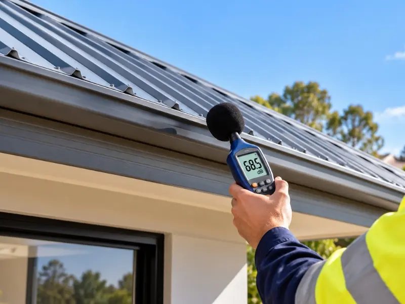 Colorbond Roofing 5 Professional inspecting a residential metal roof with a sound level meter to measure outdoor noise levels