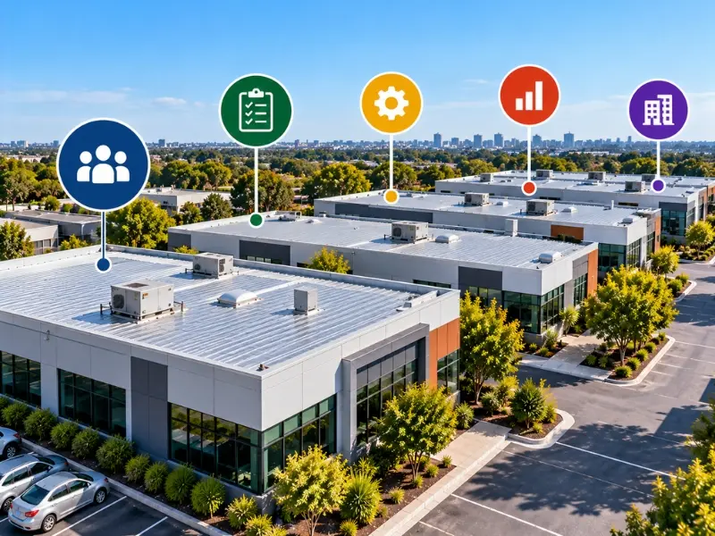 Aerial view of commercial metal roofing with icons highlighting roof maintenance, inspections, drainage, and property protection
