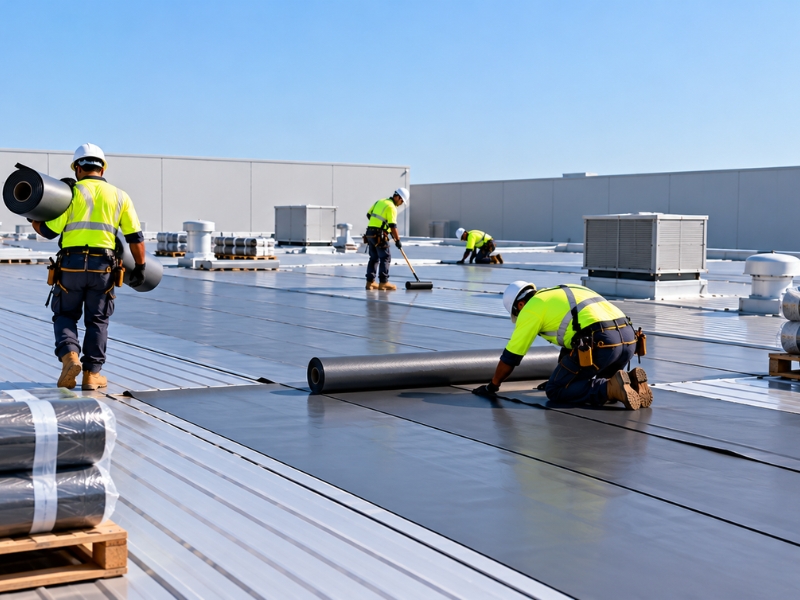 Commercial Roof 5 Roofing contractors installing a waterproof membrane across a large commercial flat roof, with membrane rolls and rooftop HVAC equipment visible