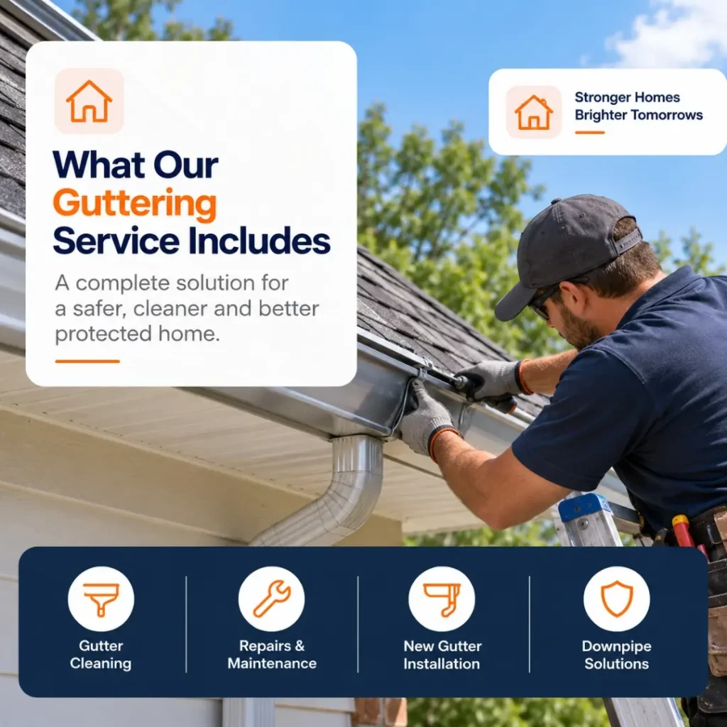 Guttering professional installing a metal rain gutter and downpipe on a residential roof, illustrating gutter cleaning, repairs, maintenance and new gutter installation services.