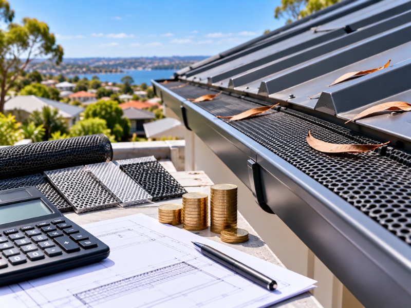 Metal gutter guard mesh installed along a residential roof gutter, with sample mesh panels and tools for gutter guard cost estimation