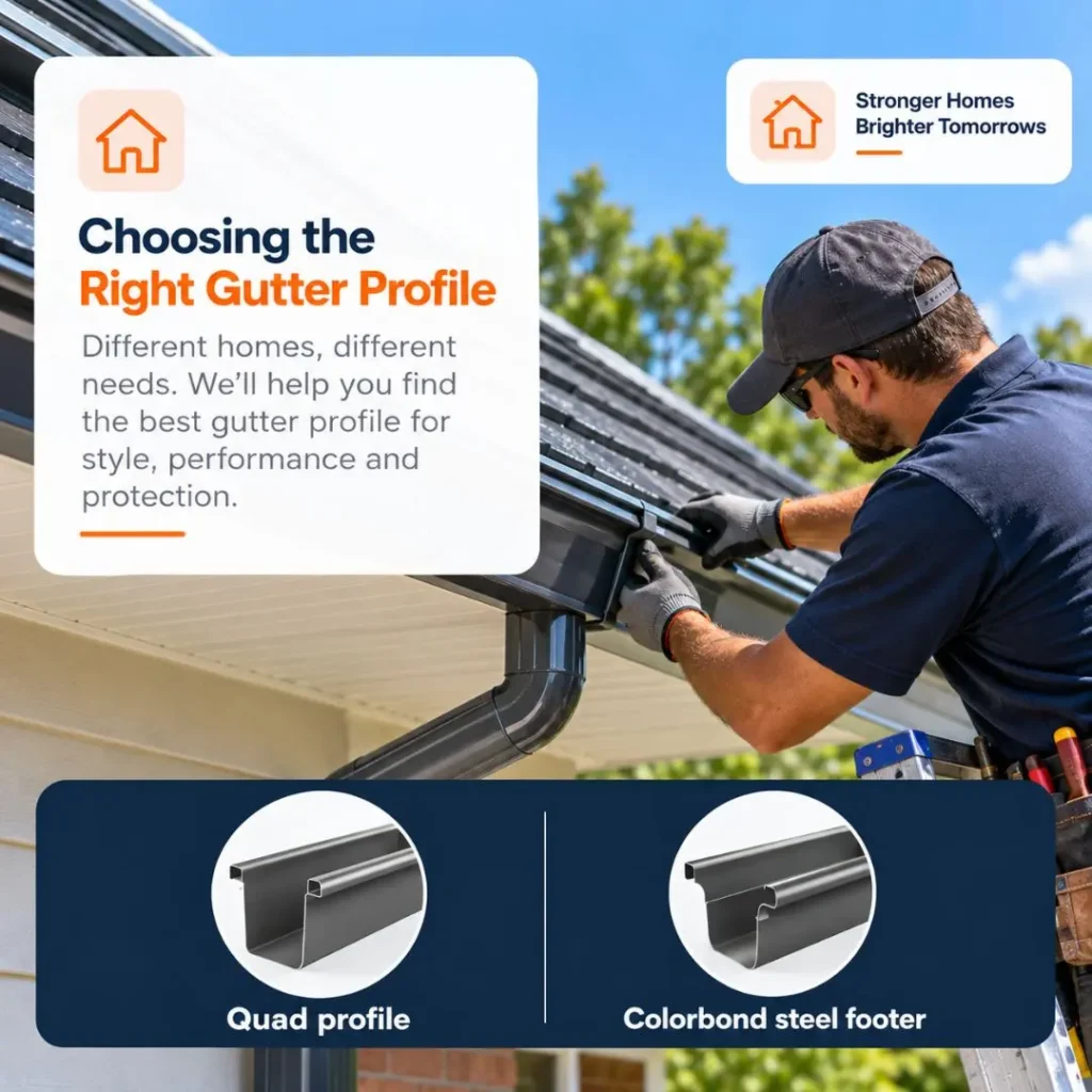 Roofing professional installing a metal rain gutter on a residential home, with an illustration comparing Quad and Colorbond steel gutter profiles.