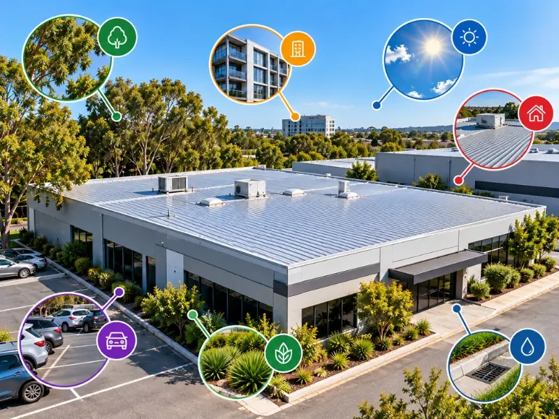 Commercial roof maintenance infographic featuring a large metal rooftop, HVAC equipment, roof drainage, and surrounding commercial property