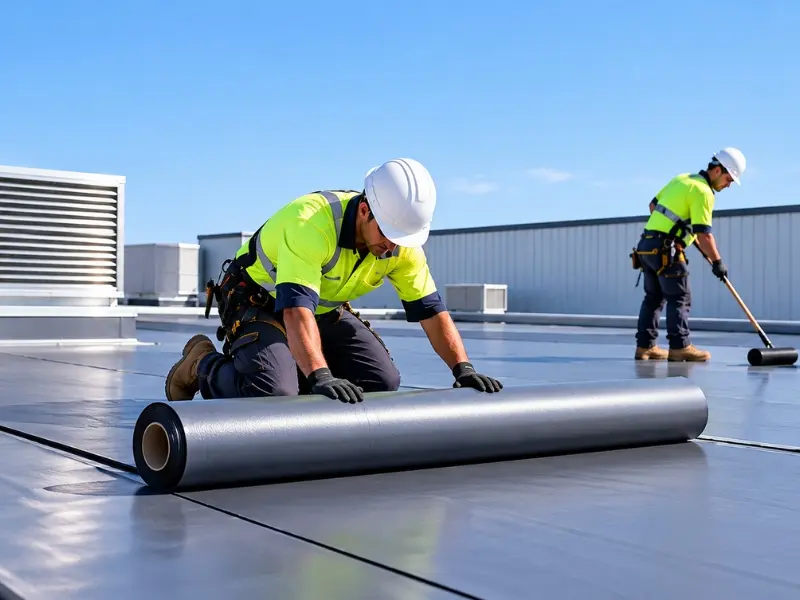 Commercial Roof 3 Roofing contractors installing a waterproof membrane on a flat commercial roof as part of a roof replacement project