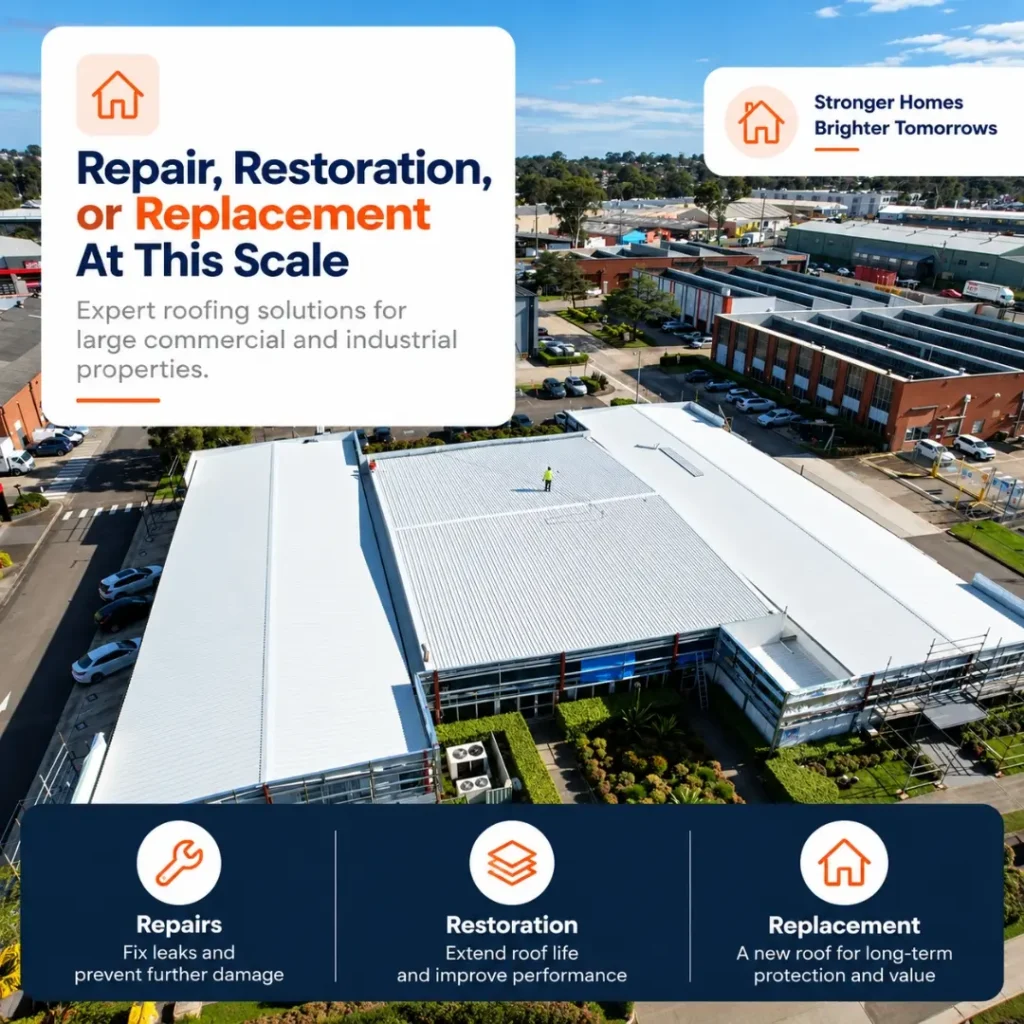 Aerial view of a large commercial and industrial metal roofing project illustrating roof repair, restoration and replacement services