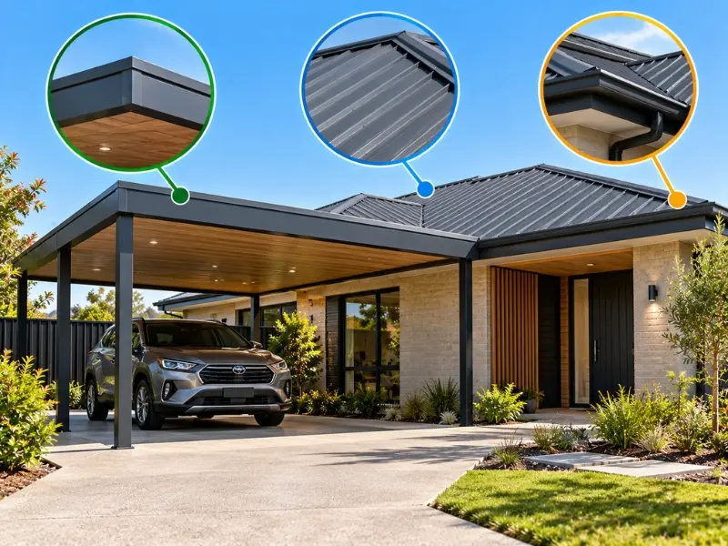 modern carport pergola 5 Modern Australian home with a metal roof and attached carport, highlighting roof design, positioning and integration with the existing house