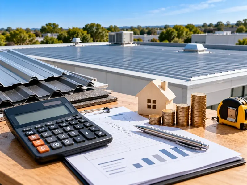 Metal roof replacement cost planning with roofing sheets, a calculator, financial charts and estimated project expenses