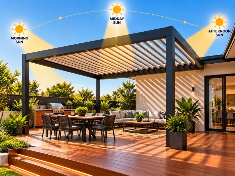 Decking and Pergola Kits 4 Modern outdoor decking and pergola with a louvred roof illustrating sunlight exposure from morning to afternoon