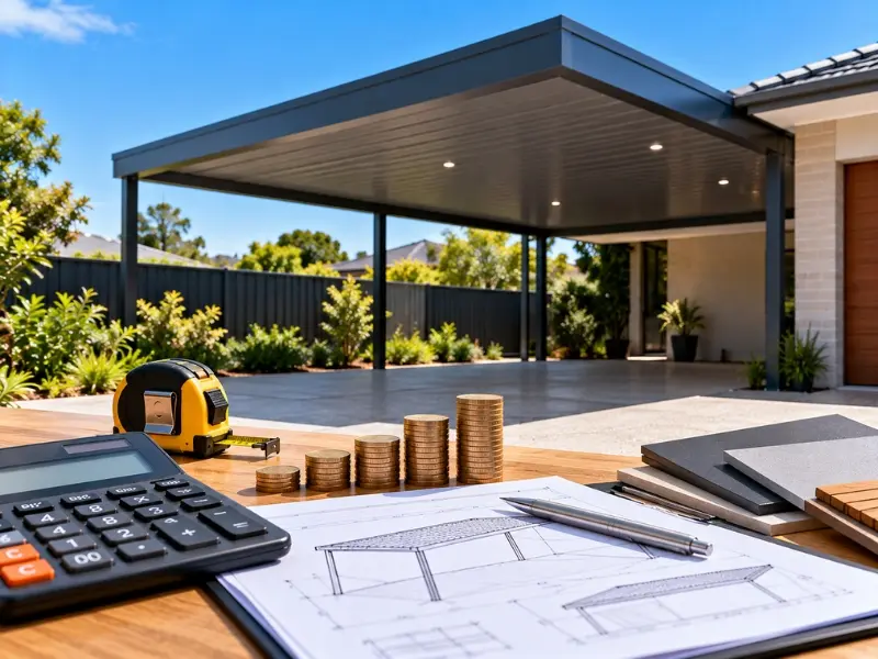 modern carport pergola 3 Modern residential patio roof with cost estimation tools, architectural plans, measuring tape and building materials for a roofing project
