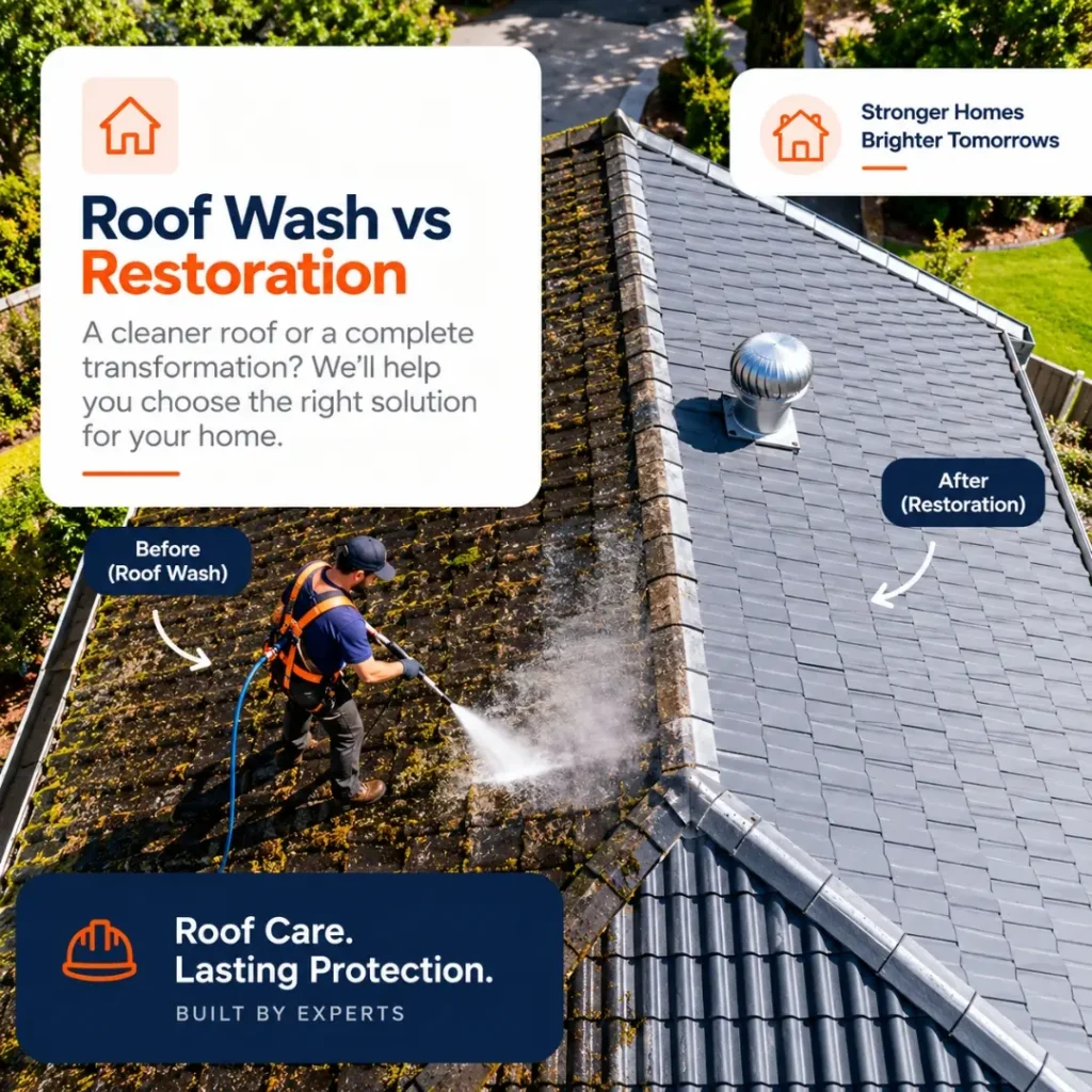 Before-and-after roof cleaning comparison showing moss-covered roof tiles being pressure washed and clean grey roof tiles after restoration