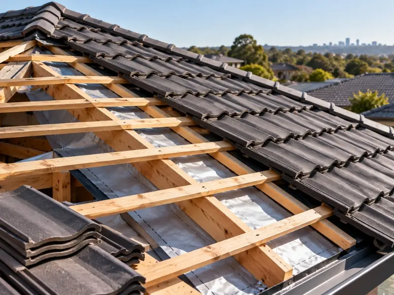 tile roof installation 3 Residential roof replacement showing exposed timber roof framing and newly installed roof tiles