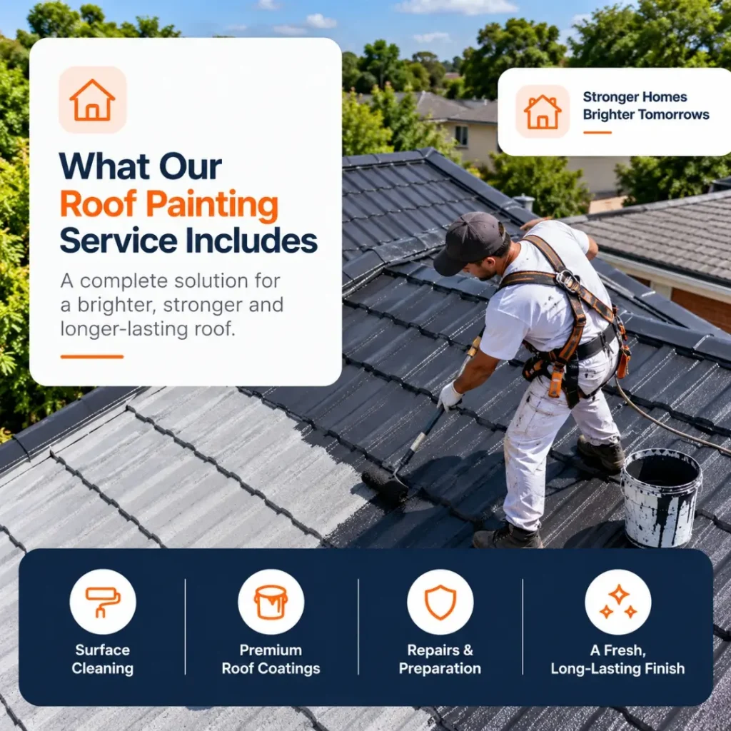 Professional roof painter applying a dark protective coating to a residential tiled roof, with the roof painting process including surface preparation, roof coating application and a durable finish in Sydney, NSW.