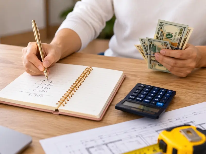 Colorbond Roofing 3 Person calculating a roofing project budget with cash, a calculator, and construction plans on a desk