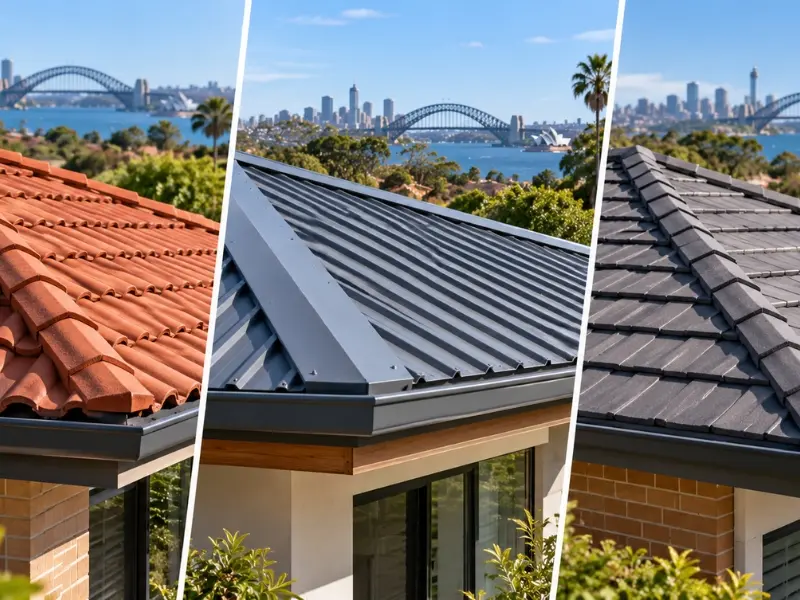 Residential roofing styles in Sydney showing terracotta tiles, metal roofing and dark concrete roof tiles