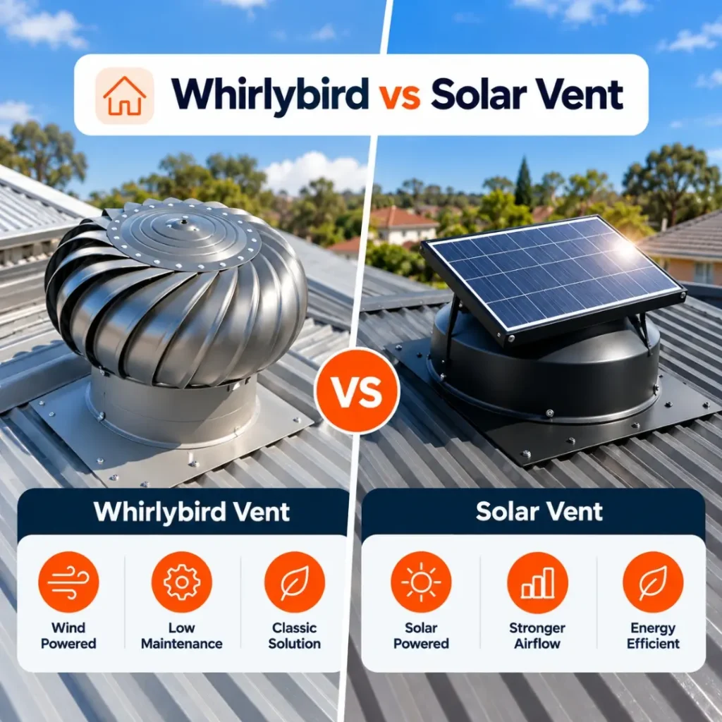 Whirlybird vs solar roof ventilator comparison showing wind-powered and solar-powered roof ventilation systems