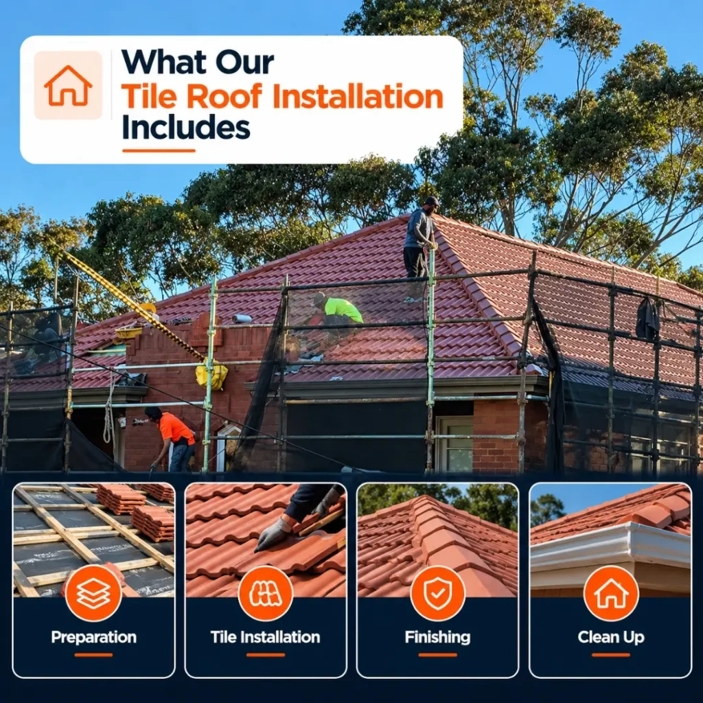 Roof tile installation process showing roof preparation, tile fitting, ridge finishing and site cleanup