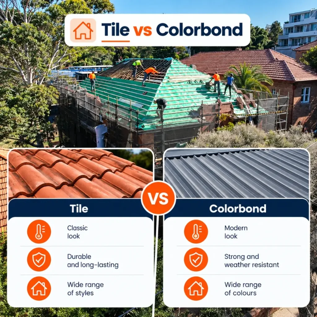 Tile vs Colorbond roofing comparison showing traditional roof tiles and modern metal roof sheets