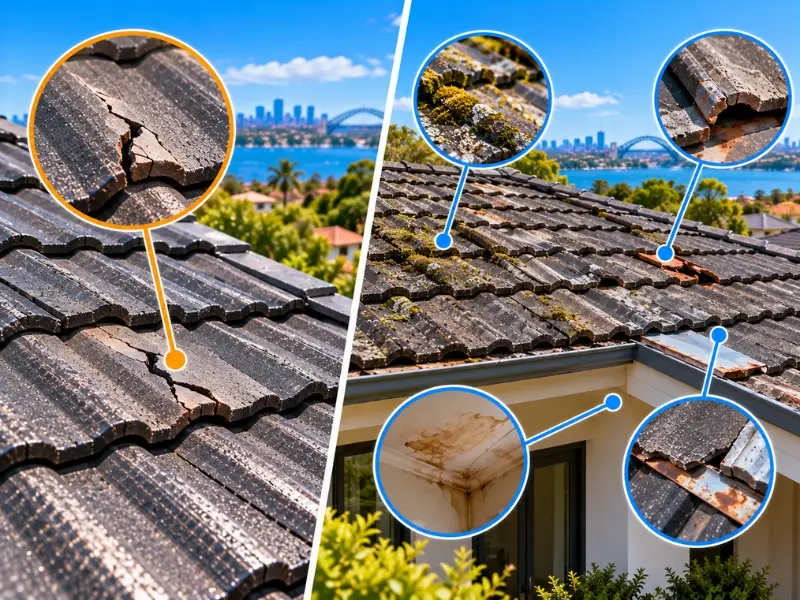 Roof Repairs 5 Damaged tiled roof with exposed timber rafters and temporary blue tarpaulin cover, alongside roofing project documents and cost estimation tools