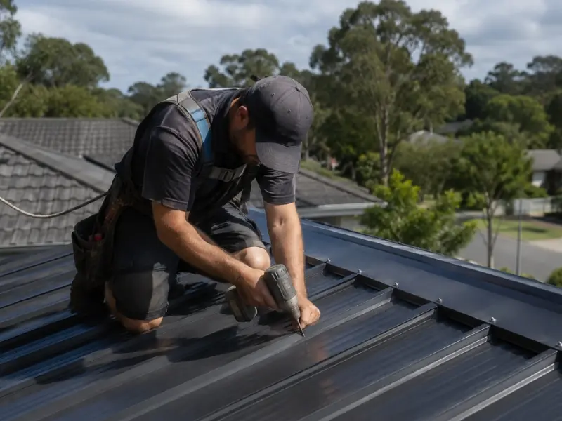 metal roof installation Sydney: Professional roofer installing a new metal roof using power tools as part of a residential roof replacement service in Sydney, NSW.