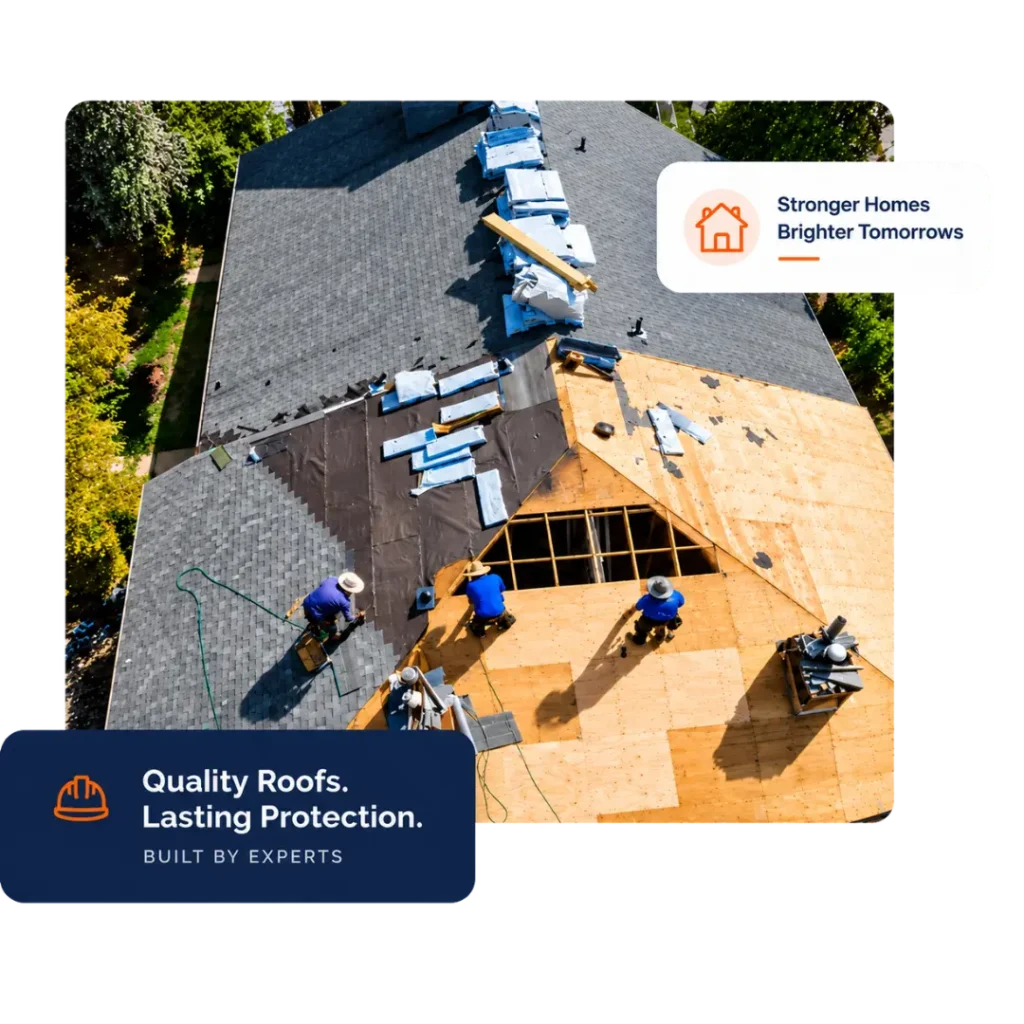 Aerial view of professional roof replacement in progress, with roofing contractors installing new shingles on a residential property in Sydney, NSW.