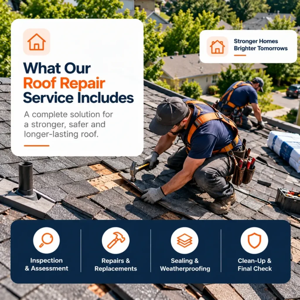 Professional roofers repairing and replacing damaged roof shingles as part of residential roof repair and weatherproofing services