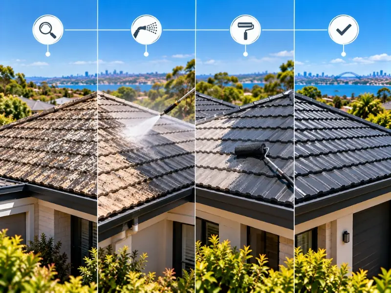 Roof Painting 7 Roof painting process showing four stages: roof inspection, high-pressure cleaning, paint roller application and the finished tiled roof