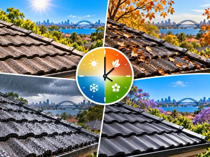 roof wash 4 Seasonal roof washing comparison showing tiled roofs affected by leaves, dirt and rain alongside clean roof tiles across different weather conditions