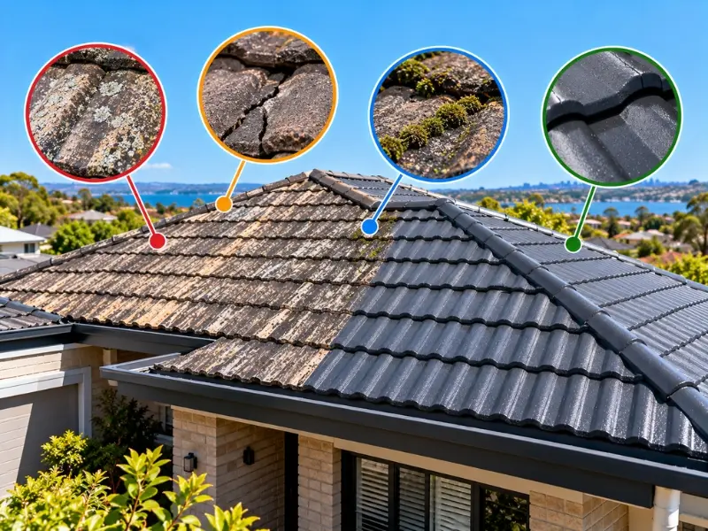 Roof Painting 4 Roof painting and restoration showing a tiled roof with weathered, cracked and moss-covered tiles alongside a freshly painted dark grey roof in Sydney