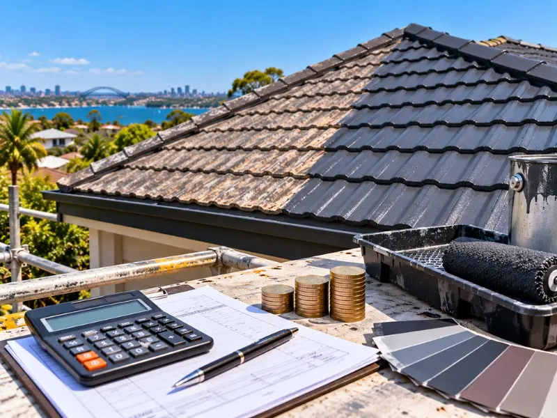 Roof Painting 3 Roof painting cost estimate for a tiled roof in Sydney, with paint colour samples, a paint roller, calculator and project paperwork