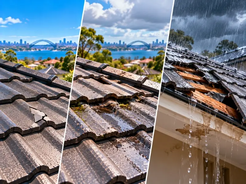 Roof Repairs 3 Damaged tiled roof showing cracked and displaced tiles, moss growth and rainwater leaking through exposed roof sections