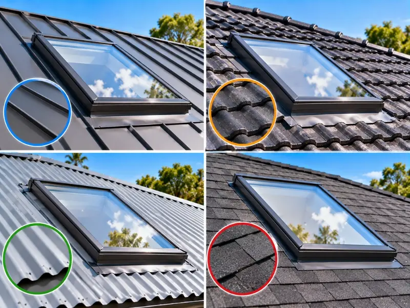 Roof skylight installation across metal roofing, corrugated metal sheets, concrete roof tiles and asphalt shingles, showing different skylight flashing and fitting details
