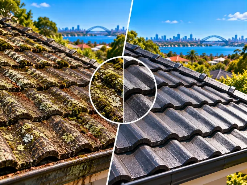 roof wash 3 Before and after roof washing showing dirty, moss-covered tiled roofing compared with clean dark roof tiles and a clear gutter in Sydney