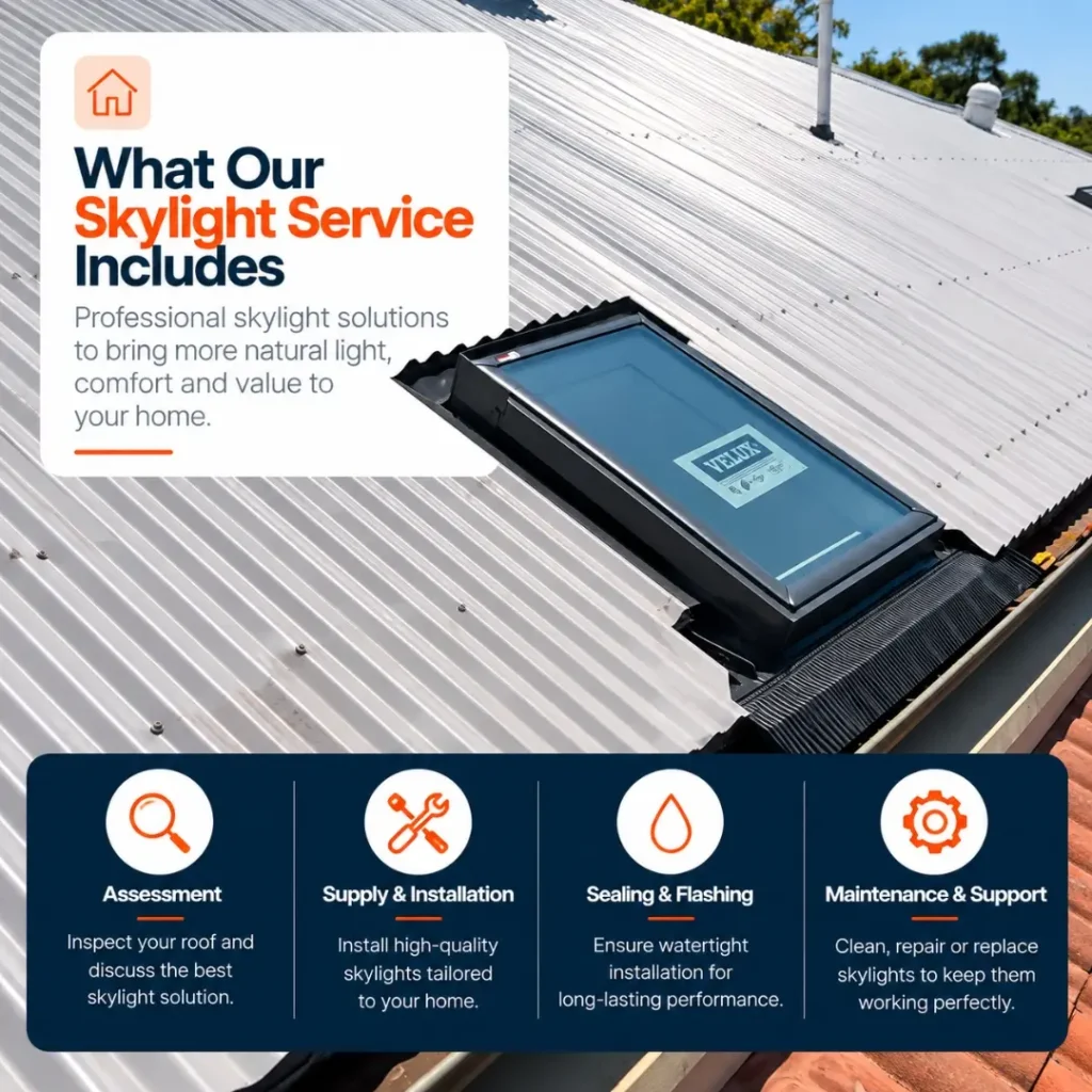 Rectangular skylight installed on a corrugated metal roof with a nearby roof ventilation pipe on a residential property.