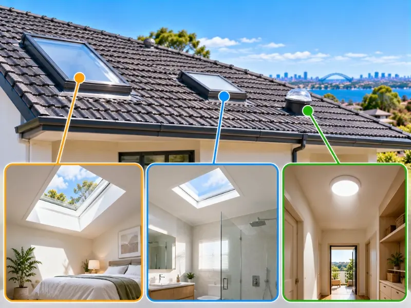 Residential roof skylights bringing natural light into a bedroom, bathroom and hallway, with multiple skylight styles shown on a tiled roof in Sydney